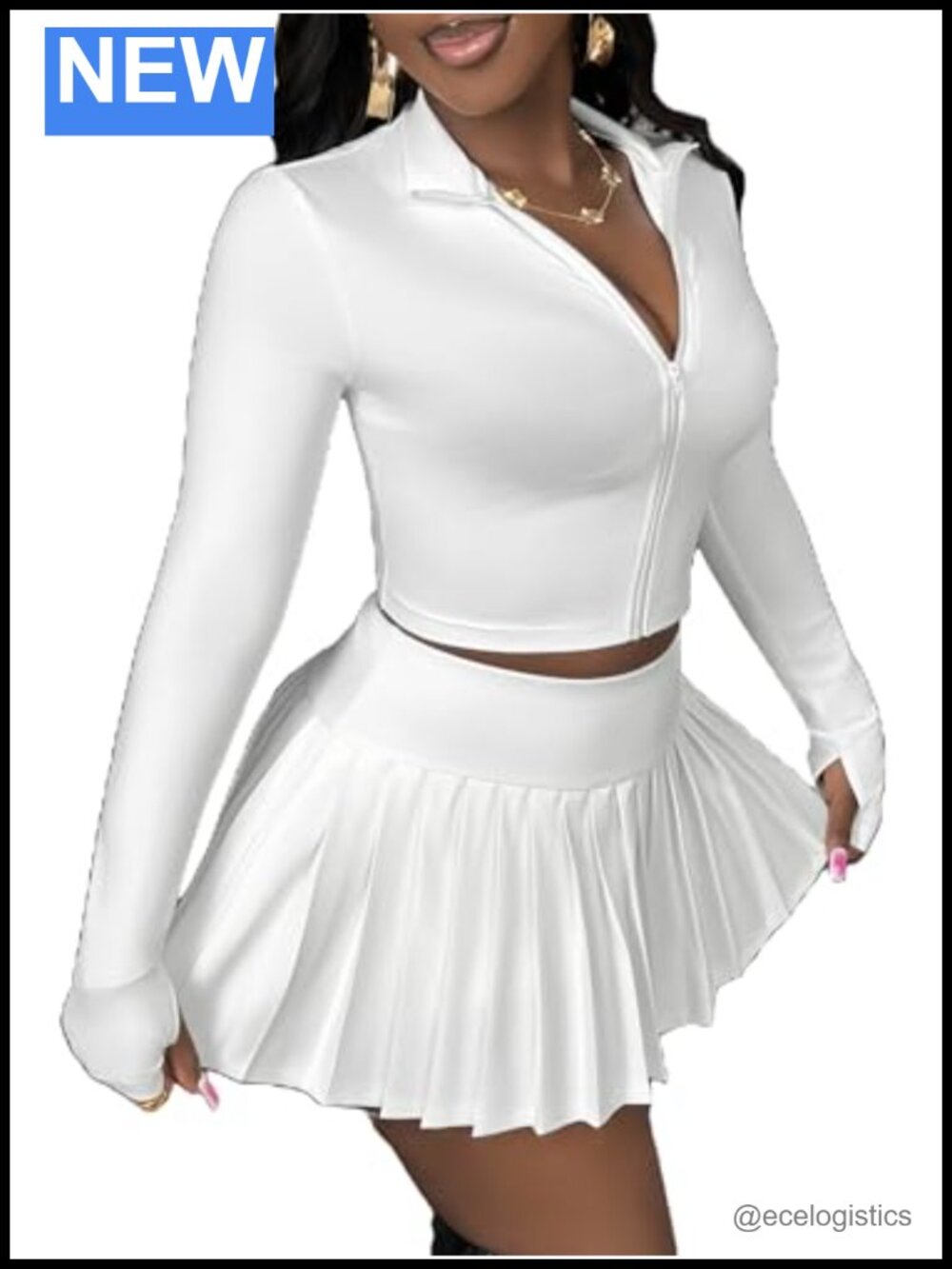 2 Piece Tennis Skirt Set Crop Zip Up Jacket Pleated Mini Skort